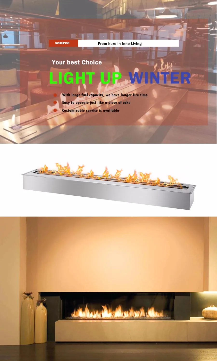 Inno living fire 24-дюймовый безвентиляционный камин из нержавеющей стали 304 |
