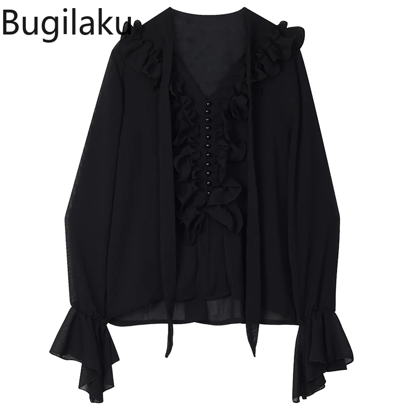 

Женская винтажная черная рубашка с V-образным вырезом и длинным рукавом-бабочкой