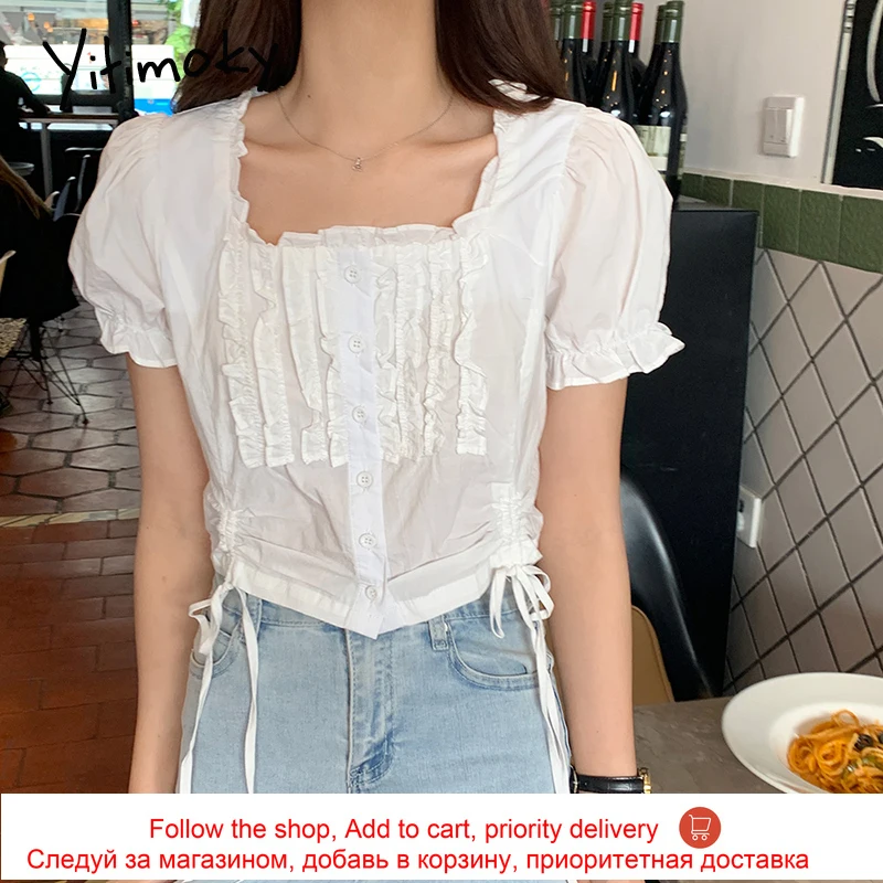 

Yitimoky Vintage Women Shirts Square Collar Puff Sleeve Summer New Edible Tree Fungus Spliced Ruched Single Breasted Tops