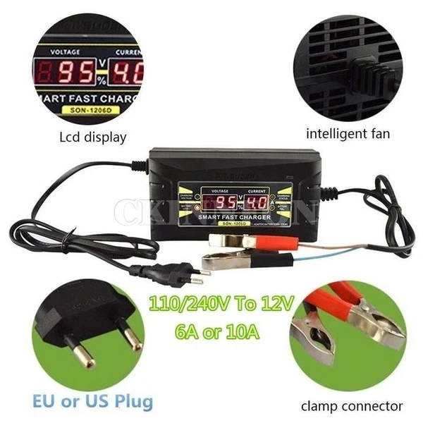 

20Pcs/Lot Smart Battery Charger 12V 6A 10A EU/US Maintainer Desulfator for Lead Acid Batteries Car Battery Charger 110-240V