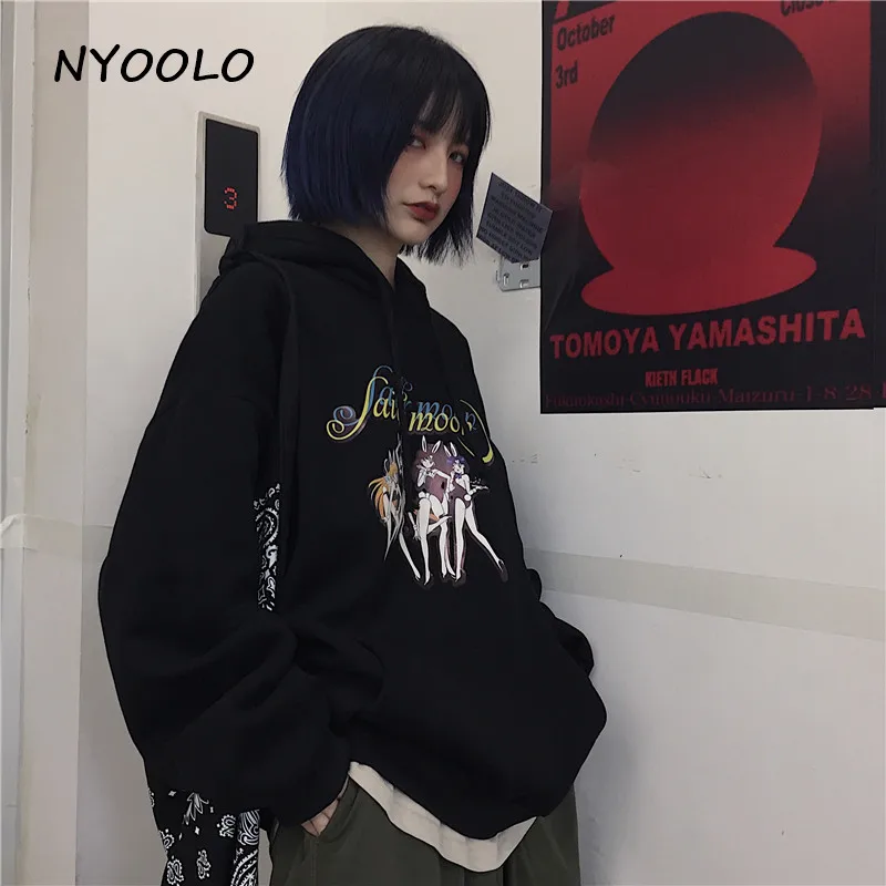 NYOOLO Harajuku мультфильм Сейлор Мун с буквенным принтом свободные теплые толстовки зимние уличные пуловеры с капюшоном флисовая Толстовка для женщин и мужчин