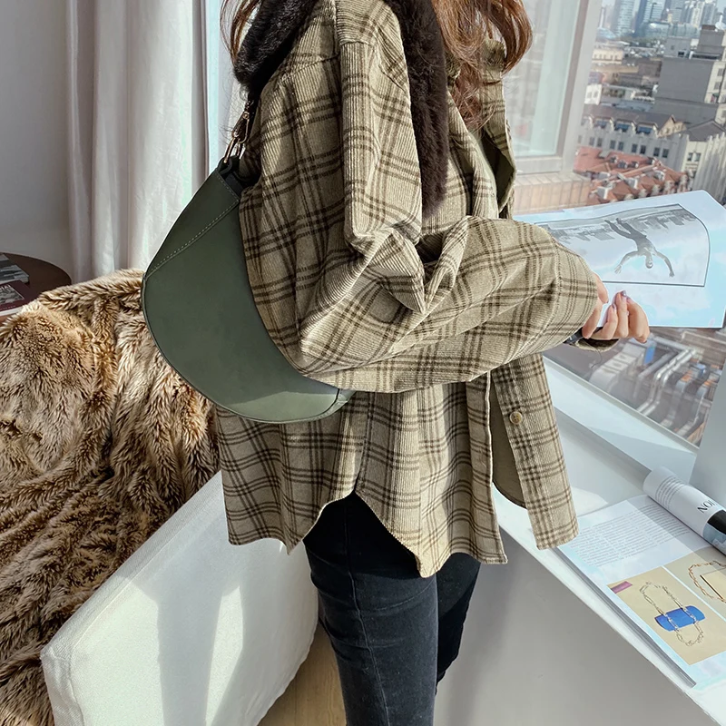 Женская Вельветовая блузка в клетку с отложным воротником|Блузки| |