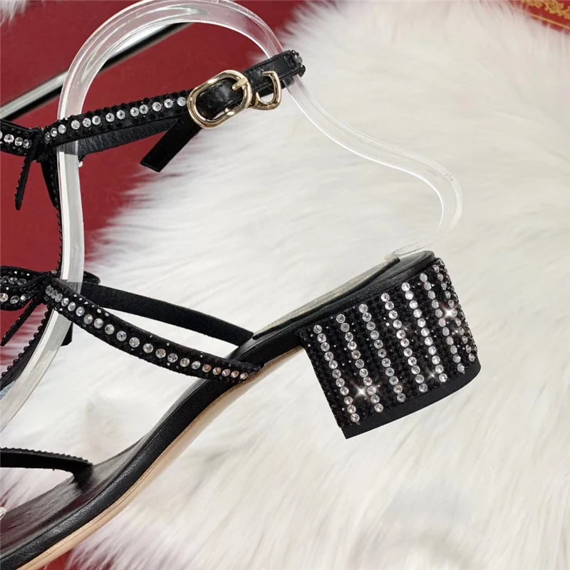 

Women's Crystal Butterfly-knot Gladiator Sandals Med Heel Rubber Sole Fashion Shoes Summer Party Women Desiger Luxury Brand