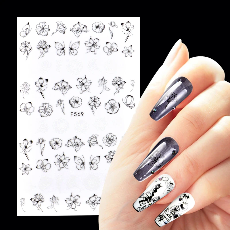 

YWK 3D Nail Stickers Black Lines Geometric Leaves Heart Nail Design Adhesive Sliders for Manicure Decoration Art Decals