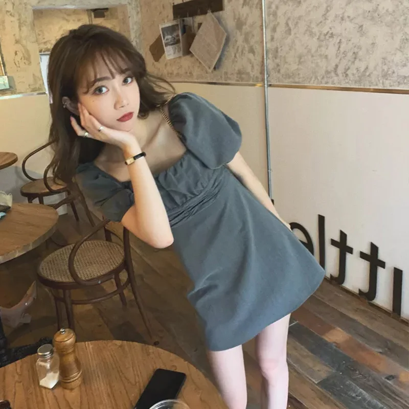 

Style Salty Sweet French Style Design Niche off-Shoulder Square Collar Puff Sleeve Dress for Women Summer Slimming