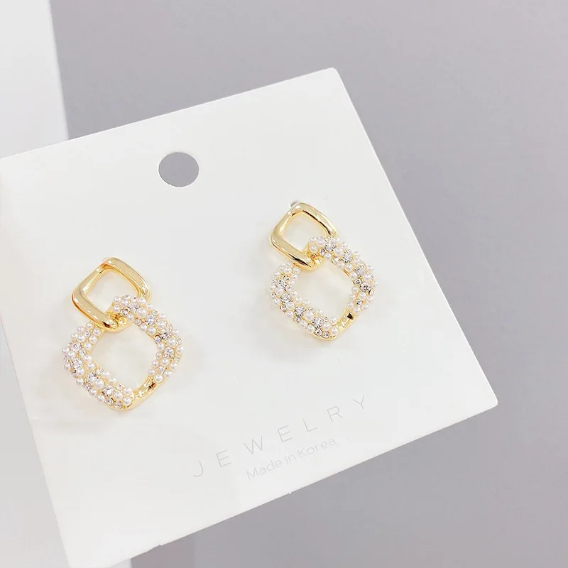 

2021 New ArrivalUnique Pearl Beads Geometric Stud Earrings For Women 14K Gold Plated Jewelry Zircon Earrings