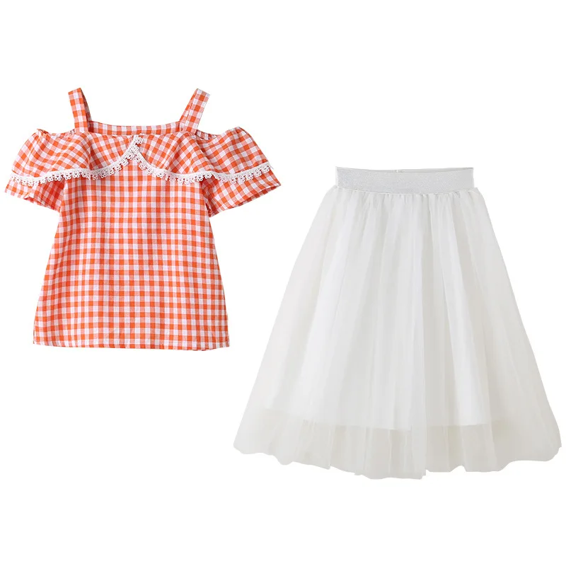 

Girl's Miniskirt Suit 2021 Summer Yarn Yarn Skirt Plaid Shirt Pettiskirt Two-Piece Party Dress