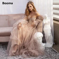 sweet dusty pink prom dresses 2021 off shoulder long sleeves princess party dresses pleated tulle a line formal evening gowns