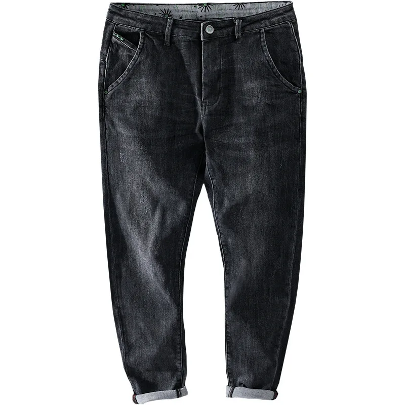 

Spring New Fashion Men Stretchy Ankle Length Pants Korean Style Solid Color Black Denim Trousers Vintage Casual Loose Jeans Male