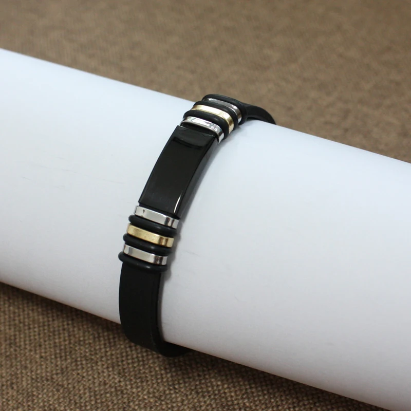 

Drop Shipping Selling Europe Fashion Stainless Steel Slide Charm Bracelet with Stainless Steel Clasp Silicone Bracelet for Men