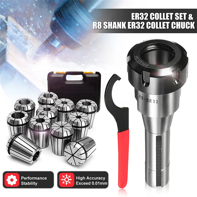 

11pcs/Set ER32 Milling Cutter Spring Collet Precision Set 3mm-19mm R8-ER32 7/16 Collet Chuck Holder Wrench + Crescent Hook Head