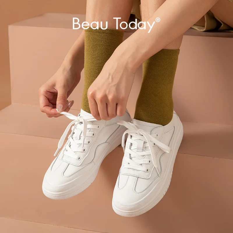 Женские кроссовки в стиле ретро BeauToday белые туфли из натуральной коровьей кожи с