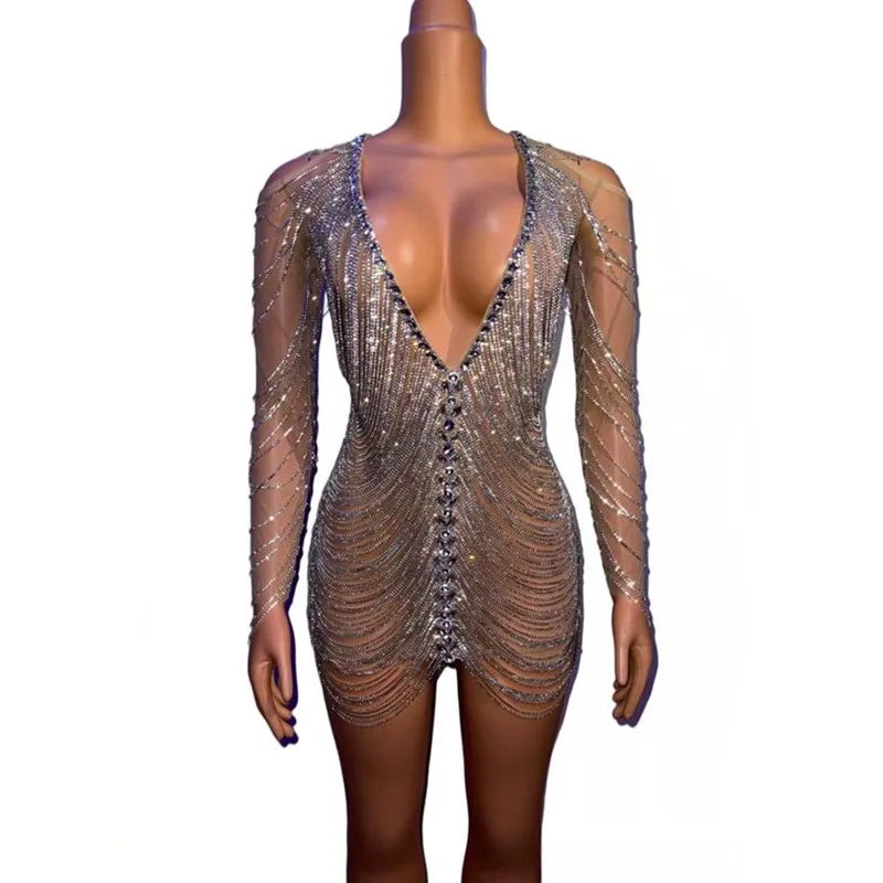 

Новинка, женское сексуальное платье с серебряными кристаллами, дизайнерское Прозрачное платье для вечевечерние, диджея, женщины, певицы, но...