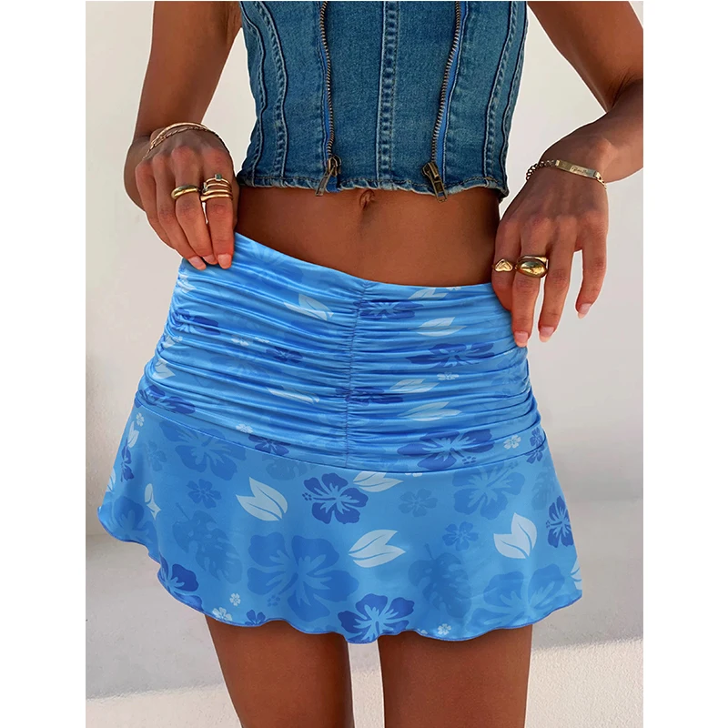 

2021 New Women Close-fitting Short Skirt Floral Printed Pattern High Waist Pleated Sexy Miniskirt Orange/ Blue/Pink/Purple