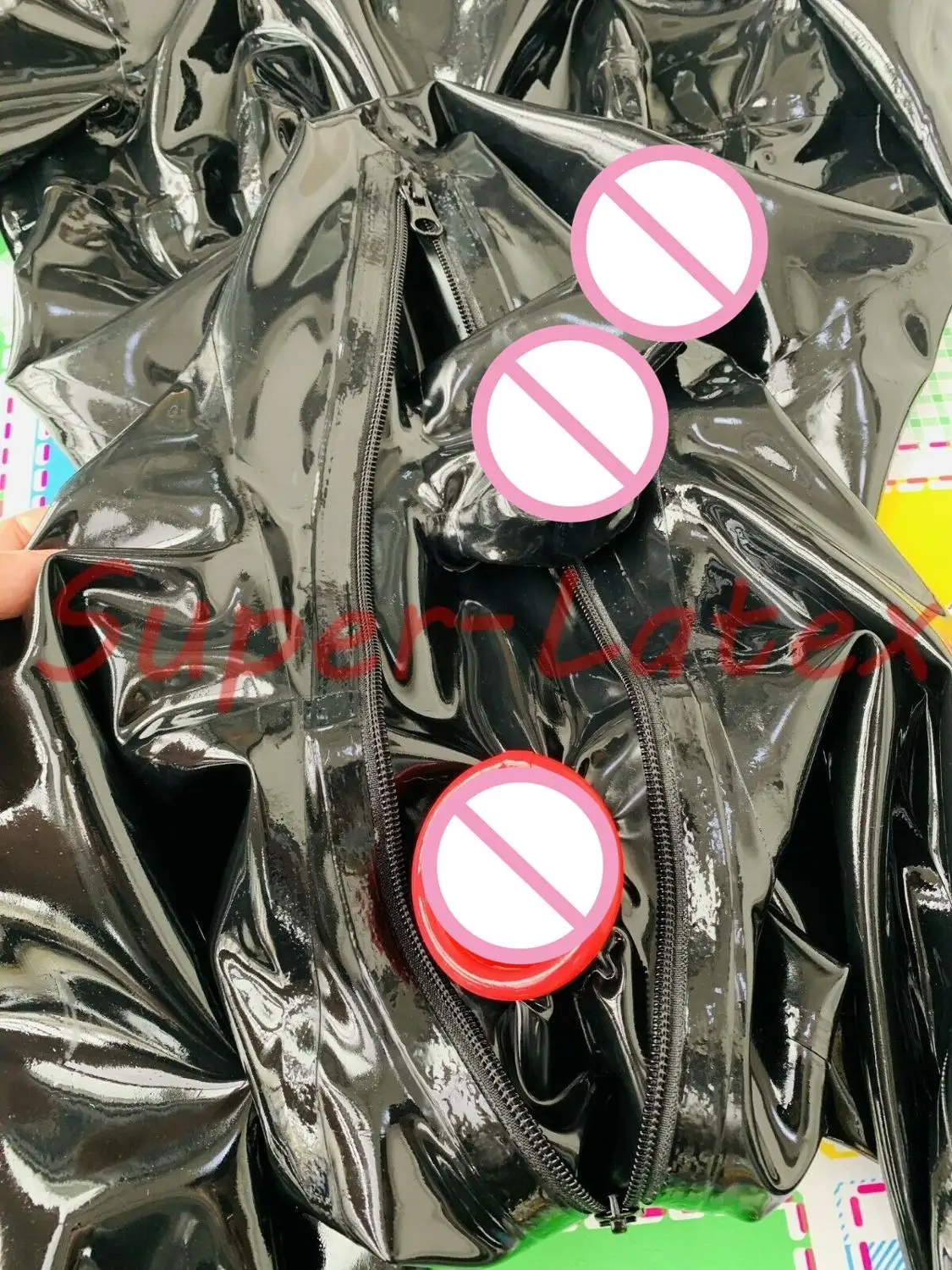 LATEX CATSUIT WITH TOES MESH EYES 15CM LONG NOSE TUBE RED TEETH ZIP HIDDEN TWO CONDOM CUSTOM MADE | Teddies & Bodysuits