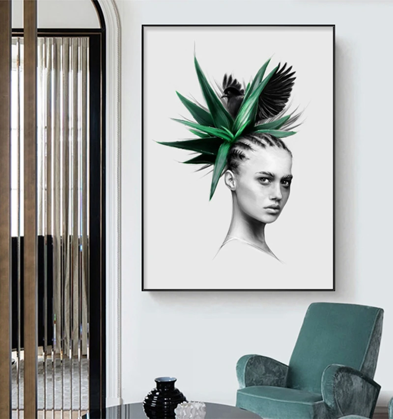 Настенный плакат в скандинавском стиле белая и черная красивая птица женщины с