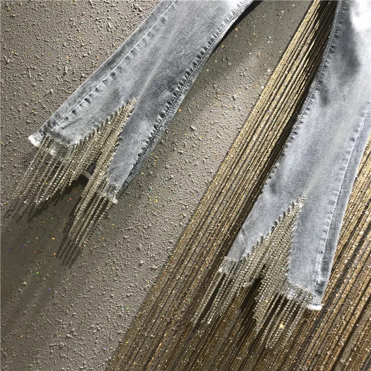 Женские джинсы с высокой талией Блестящие Брюки бахромой новые весенние