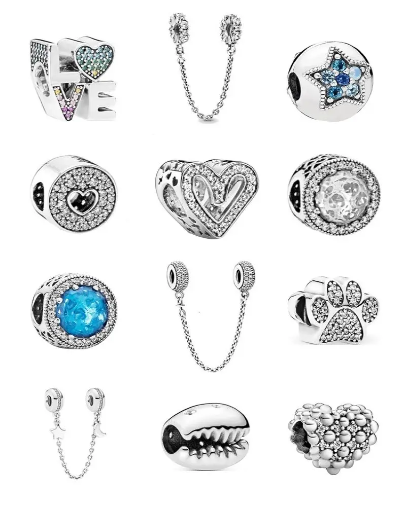 

New Bead Fit Original Pandora Charms Bracelet Silver Colour Dog Paw Hearts Love Safety Chain Couple Bead DIY Jewelry Making