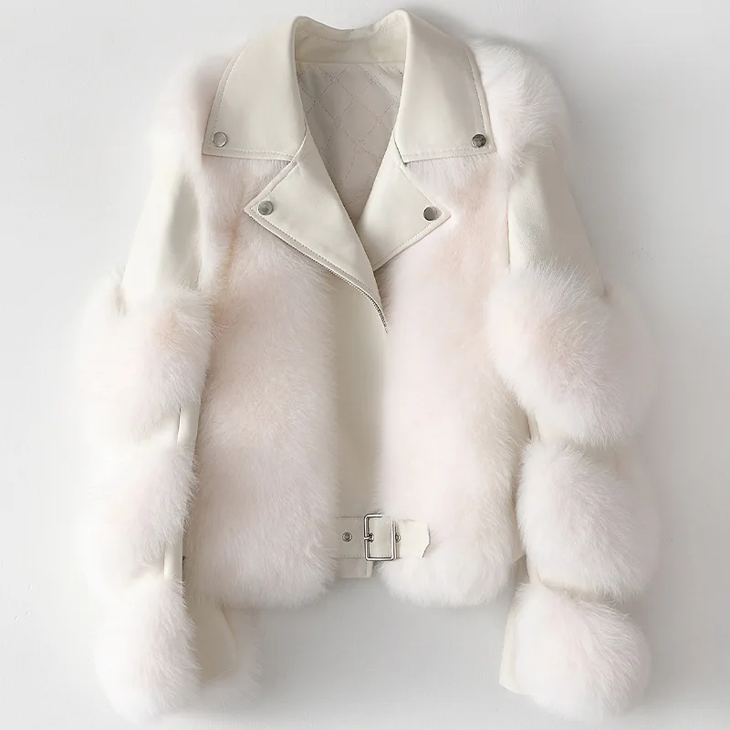 Winter Fashion New Sheep Skin Splicing Fox Fur Teddy Coat Women's Short Real Fur Wool Covered Button Lantern Sleeve Slim Jacket
