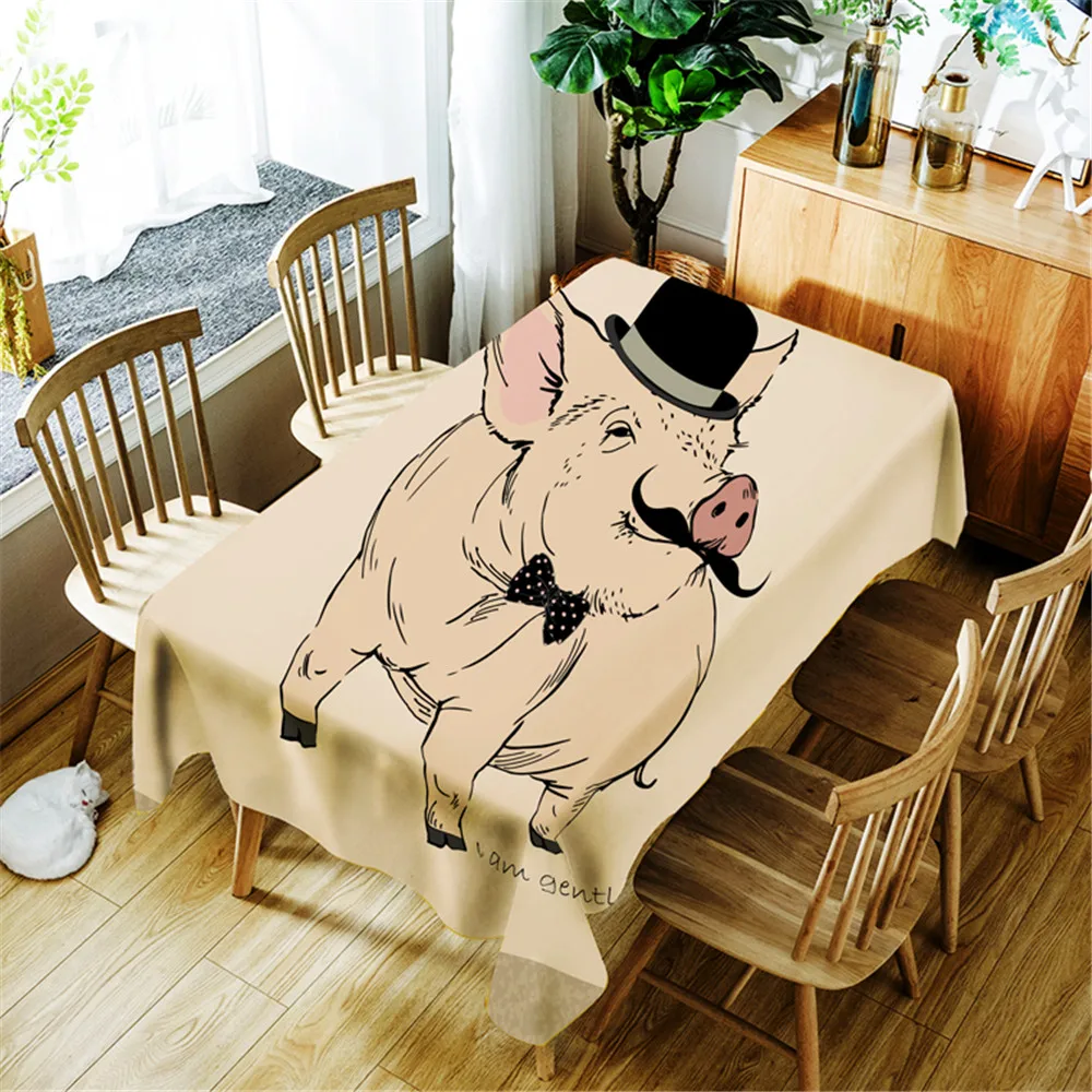 

Cartoon Mr. Pig Bowler Hat with Bow Polyester Waterproof Tablecloth Home Decoration Washable Dustproof Rectangular Table Cloth