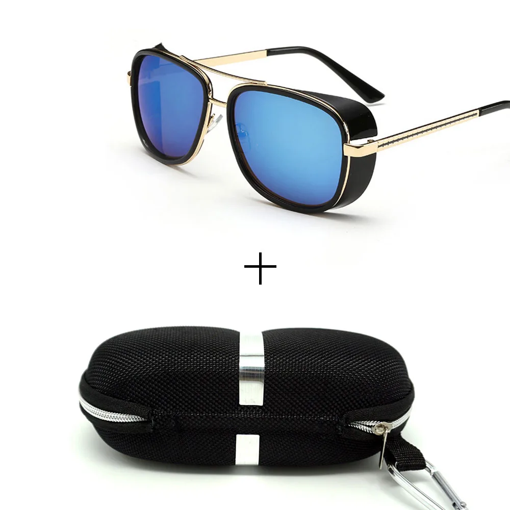 Glasses and case Минимальный мужской стимпанк солнцезащитные очки тони старк железный человек солнцезащитные очки ретро винтажные очки стимпанк солнцезащитные очки UV400 - Цвет линз: Glasses and case
