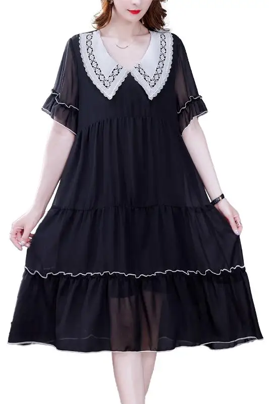 

COIGARSAM Loose Women dress Summer Peter pan Collar Dresses Black 17032