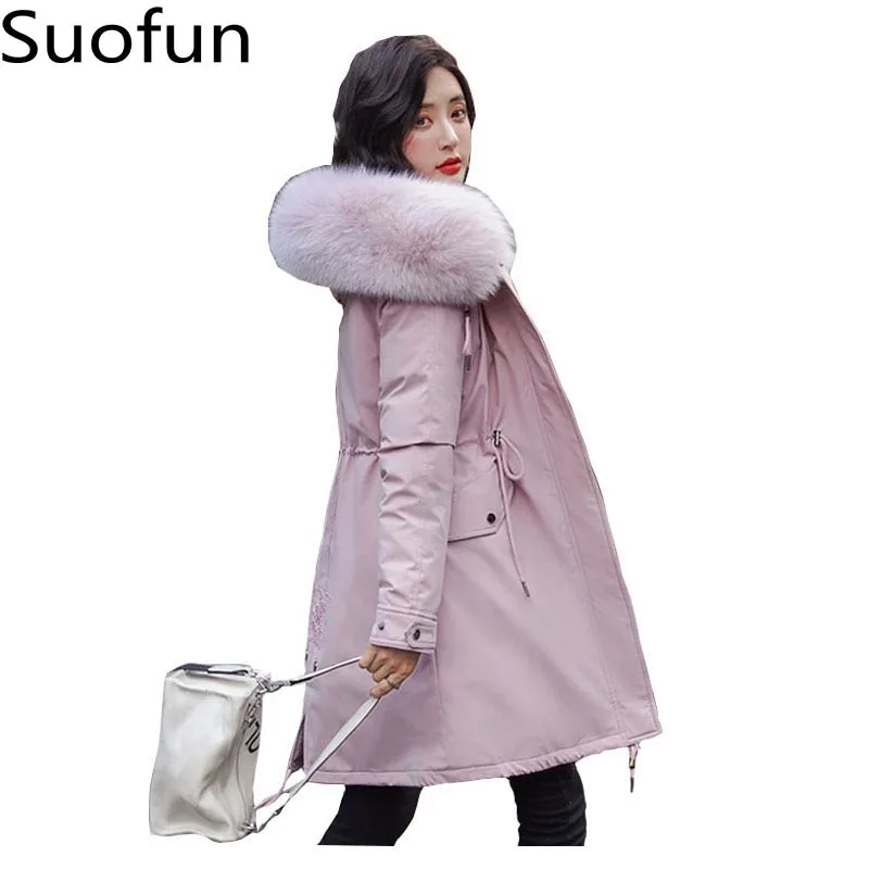 

Suofun Solid Loose Pink Fur Coat Hooded New Winter Coat Warm Jacket Long Parka Outerwear Plus Size Women Jacket Casacos Feminino