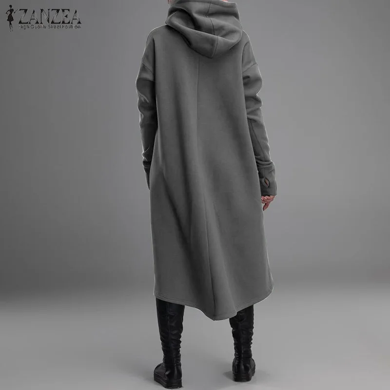 Модное асимметричное платье с капюшоном, женские свитшоты,, ZANZEA, повседневные, с длинным рукавом, миди, Vestidos, пуловеры, женская одежда с капюшоном