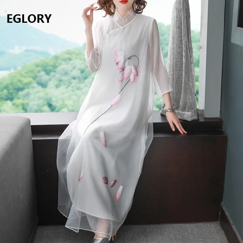 Женское винтажное платье с цветочной вышивкой белое и желтое китайское до