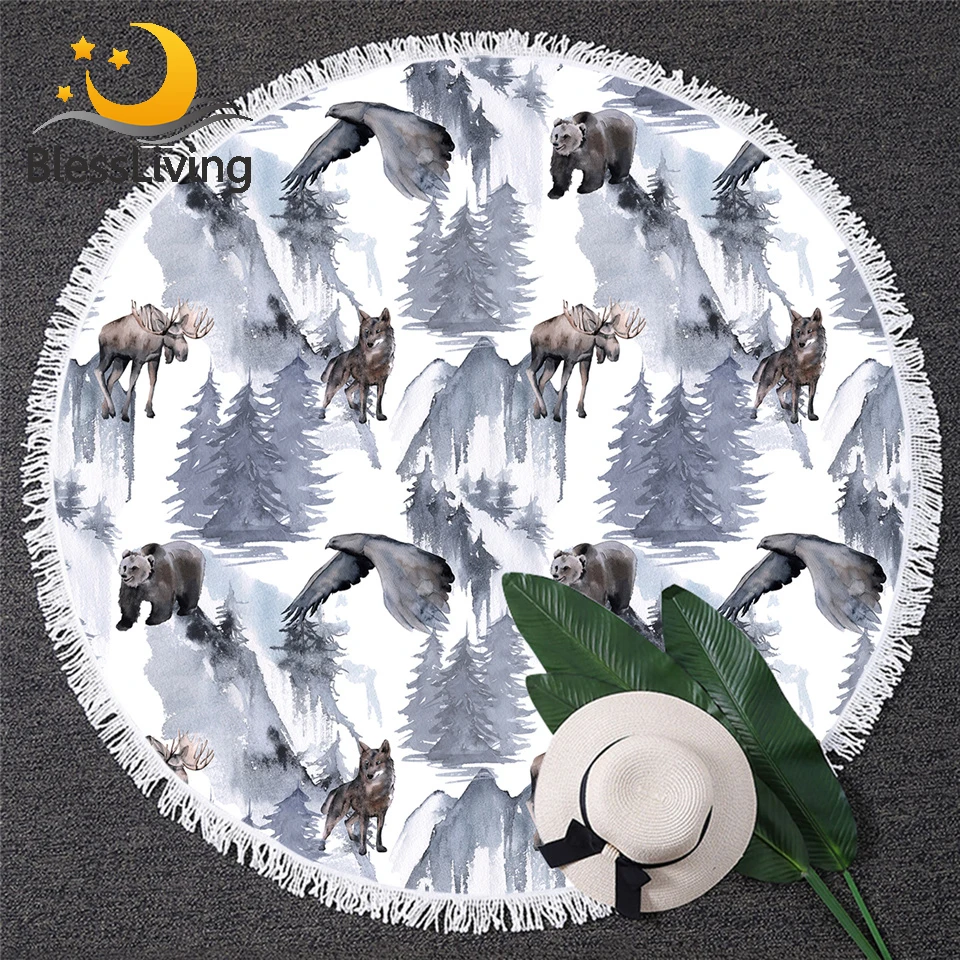 

Полотенце для ванны blesslife с дикими животными, для взрослых, акварельное круглое пляжное полотенце с натуральными деревьями, пляжный коврик ...