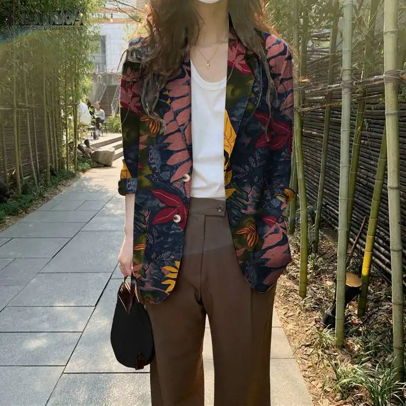 

Осенний модный Женский блейзер ZANZEA с длинными рукавами и цветочным принтом, уличная одежда, элегантная повседневная женская рубашка в стил...