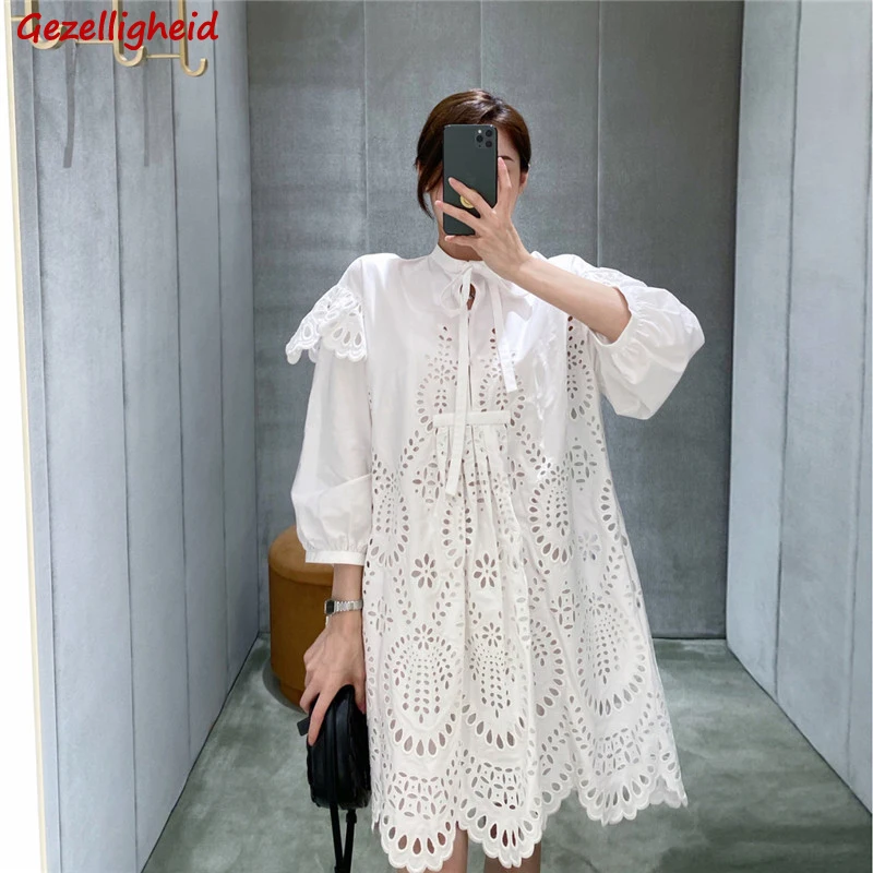 

Gezelligheid Dresses For Women 2021 Runway Design Spring Autumn Fashion Temperament Long Sleeved Hollow Embroidery Midi Dress