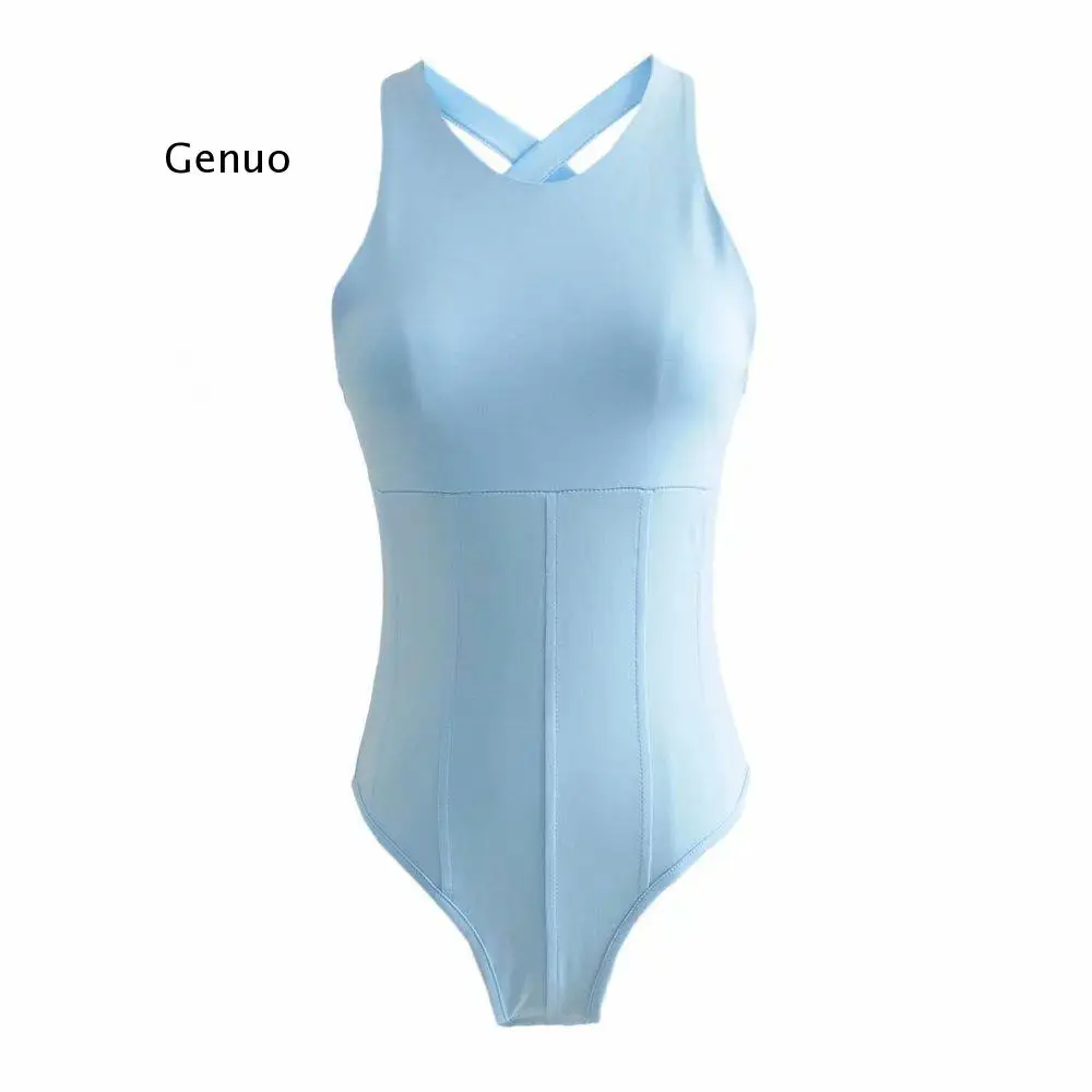 

Spaghetti Strap Solid Sexy Bodysuit Women Sleeveless Cross Back Backless Skinny Jumpsuit Street Fashion Summer Rompers