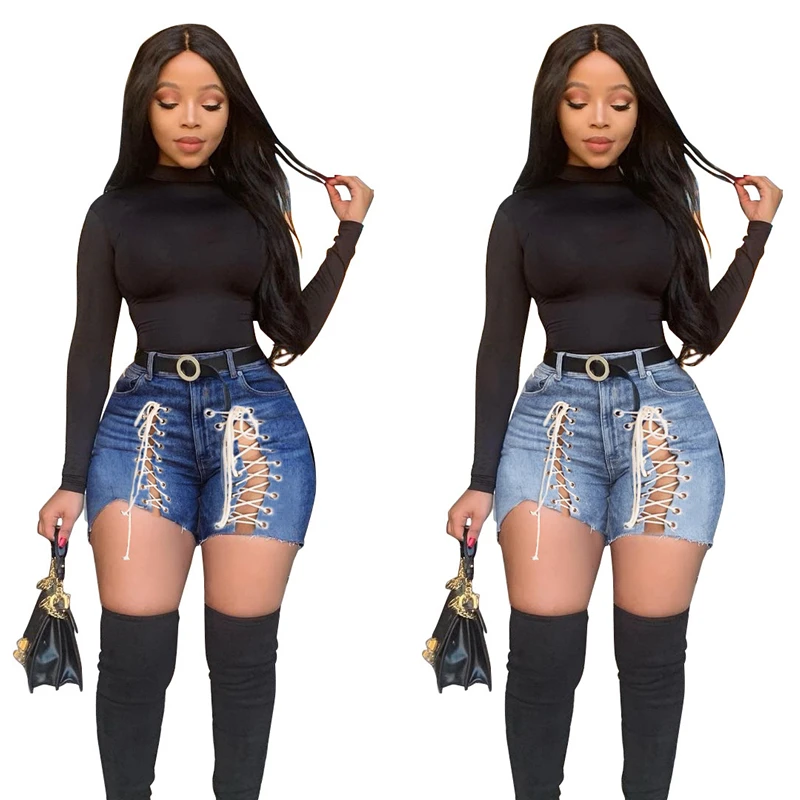 

2021 Summer Streetwear Laced Up Shorts Plus Size High Waist Bandage Denim Shorts for Women Sexy Hollow Out Bodycon Jeans Shorts