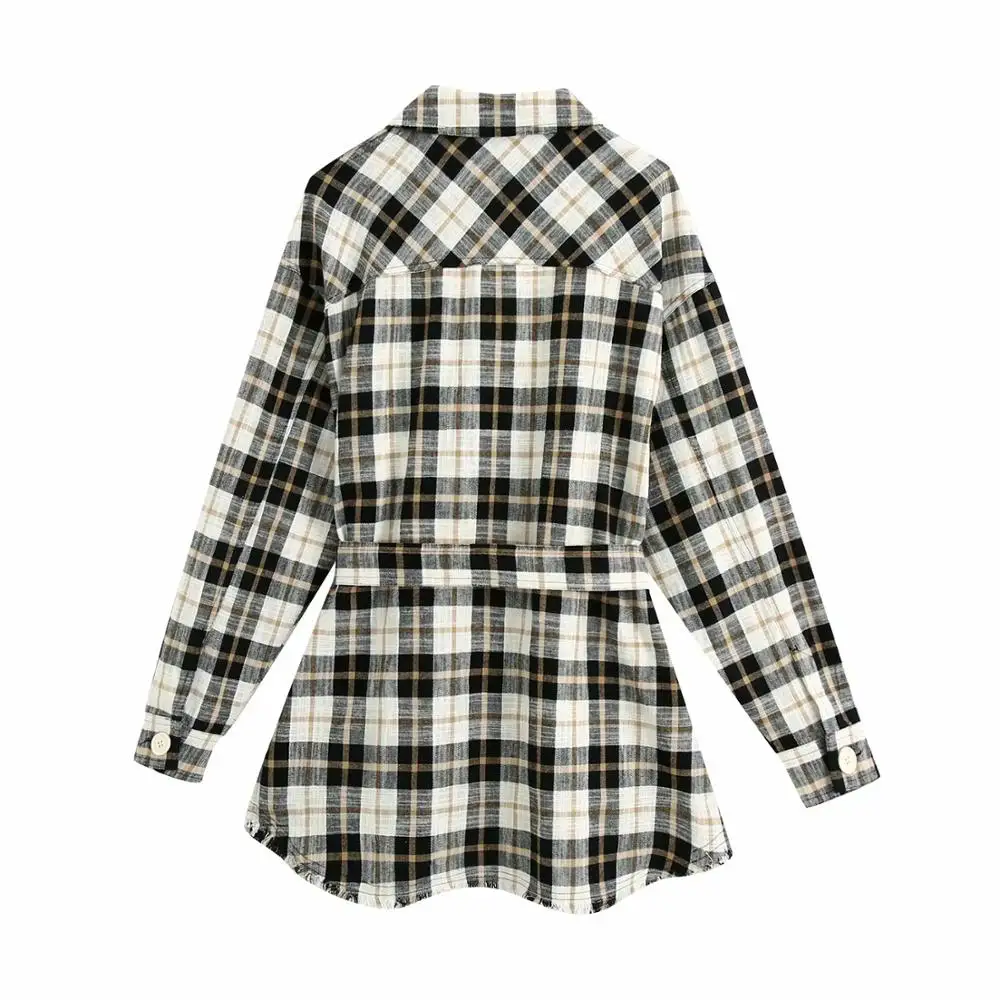 

Za Plaid top Printed Blouses Women Fashion Turn Down Collar Shirts Women Elegant Tie Belt Waist Pockets Tops Female Ladies