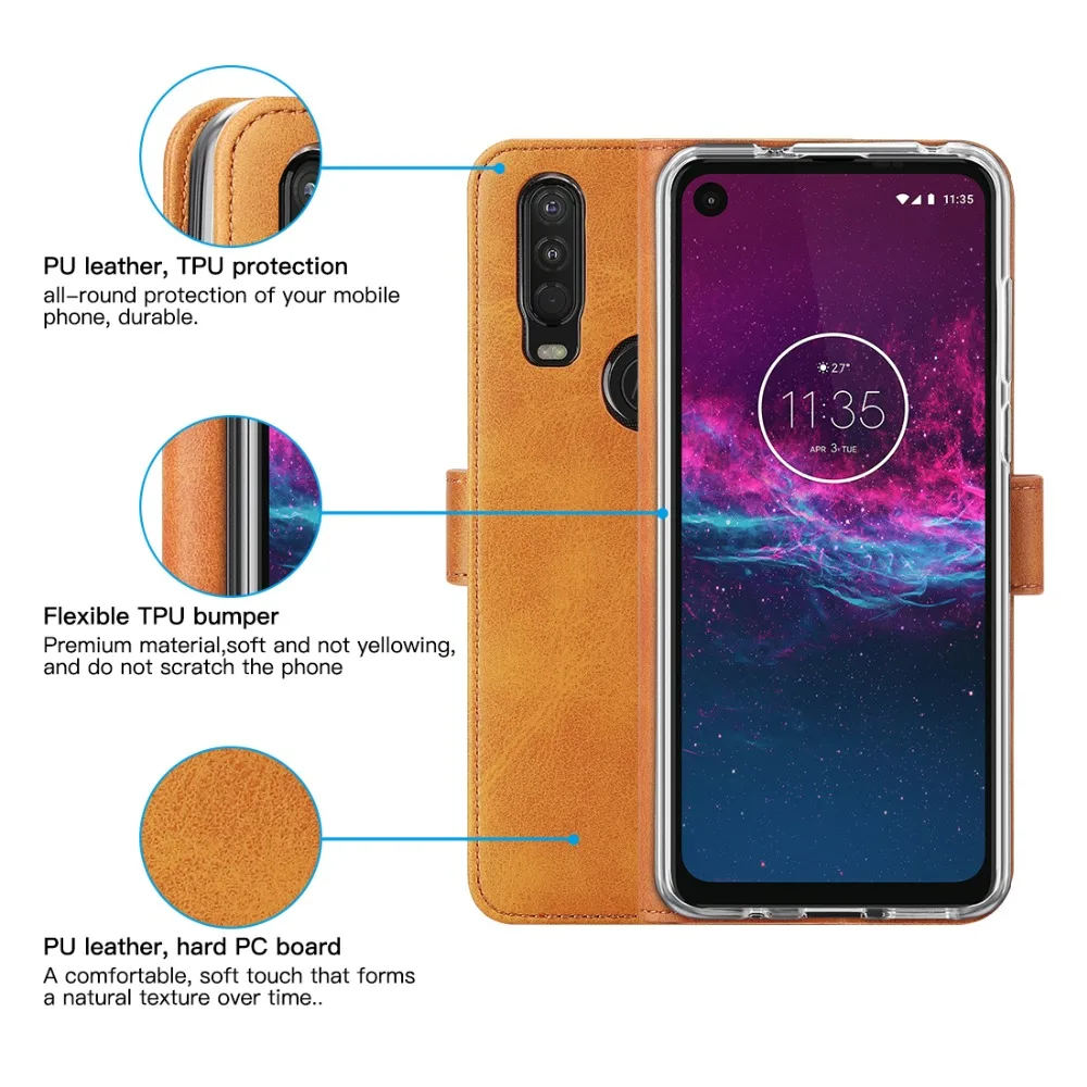 Чехол из натуральной кожи для Motorola Moto One Action Case откидной Чехол-кошелек для Moto One action Card Stand Магнитный чехол-книжка