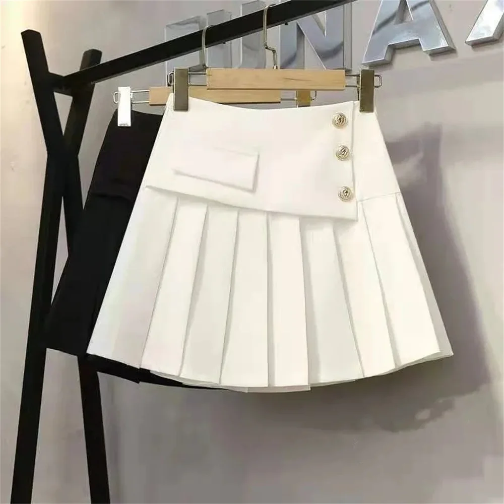 

All-Match Pleated Skirt Bf Kawaii Patchwork High Waisted Mini Skirts Women Spring Autumn Korean Preppy Style Elegant Black Skirt