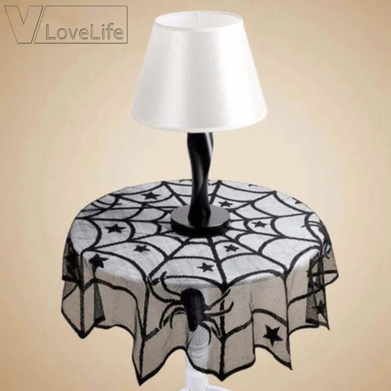 

Round Table Cloth Halloween Party Decoration Lace Backdrop Spider Web Black Runner Halloween Horror Props modern luxury