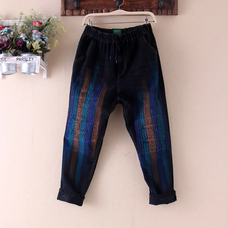 Женские Мешковатые джинсовые брюки корейские женские цветные с вышивкой Wenqi для