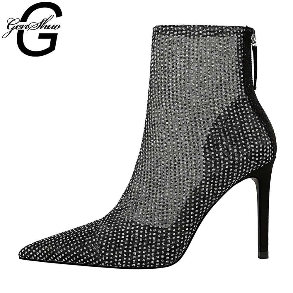 

GENSHUO Fashion Sexy Botas Mujer High Stiletto Heels Crystal Pointed Toe Mesh Hollow Lace Ankle Boots For Women for Nightclub