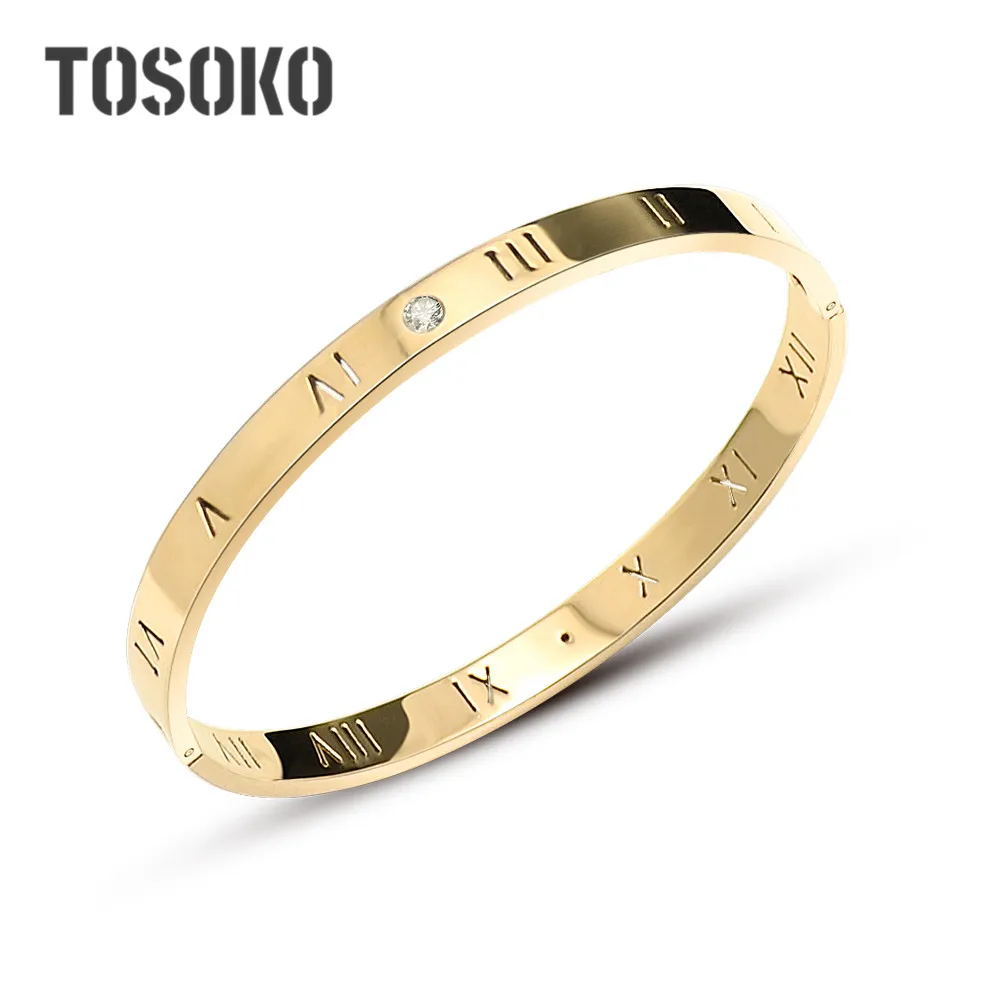 

TOSOKO Stainless Steel Jewelry Roman Numeral Diamond Inlaid Bracelet Wide Edition Lovers Bracelet BSZ042
