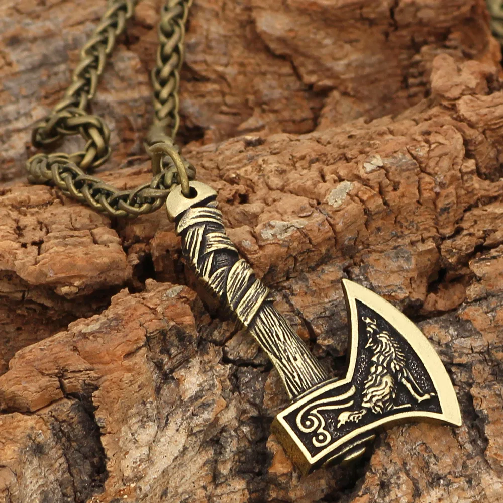 

New Retro Viking Jewelry Celtic Wolf Crow Double-sided Axe Pendant Men's Punk Necklace Trendy Accessories