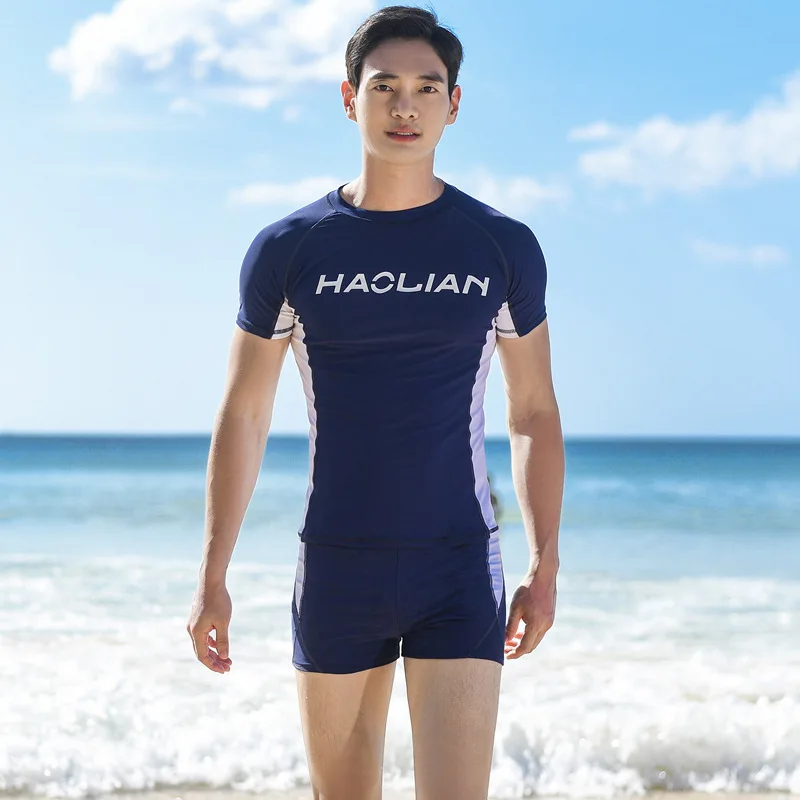 New Men's Swimwear Suit Short-sleeved Shirt Boxer Swim Trunks Loose XL Split Swimwear Quick-drying - Цвет: Navy