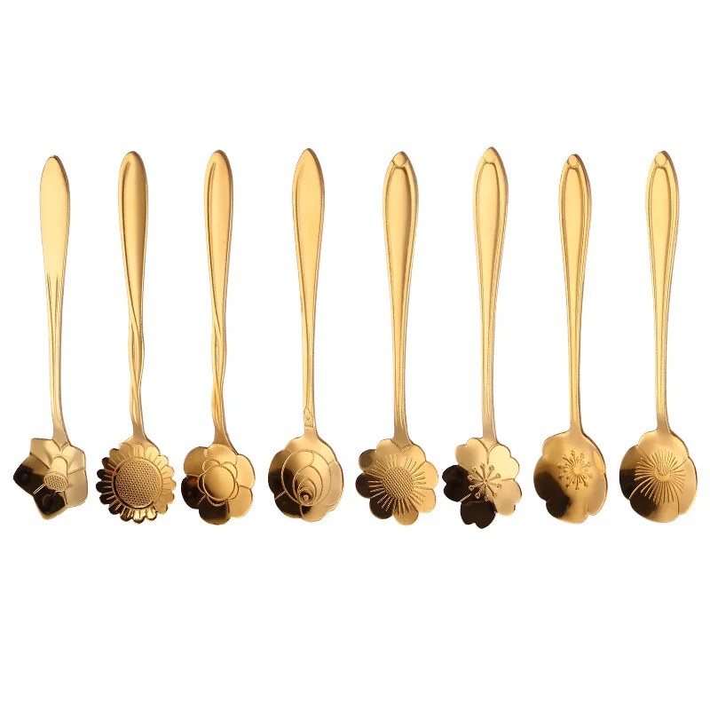 

8/6Pcs Creative Coffee Spoon 304 Stainless Steel Gold Stirring Milk Teaspoon Dessert Ice Cream Spoon Tableware Flowers Design