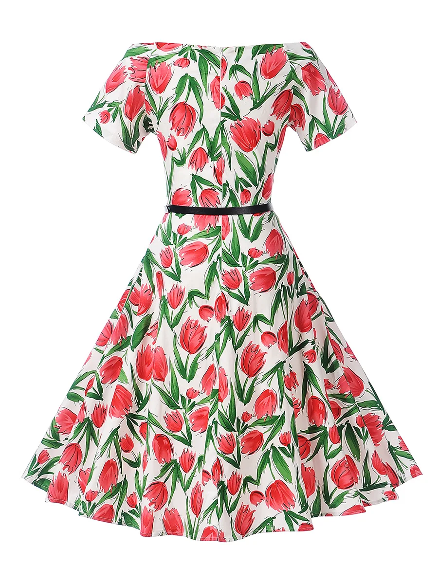 SALE 90s Style Floral Print Dress 2021 Summer A Line Sexy Off Shoulder Flower Vestido Women Retro Pin Up Slash Neck | Женская одежда