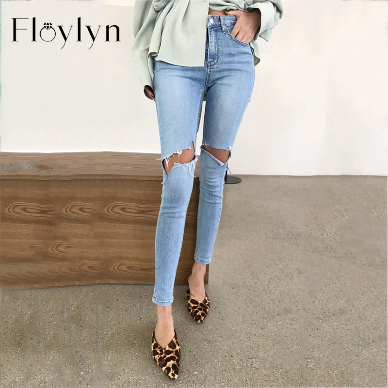 Floylyn весенне-летний светильник женские джинсы с потертыми дырками джинсовые