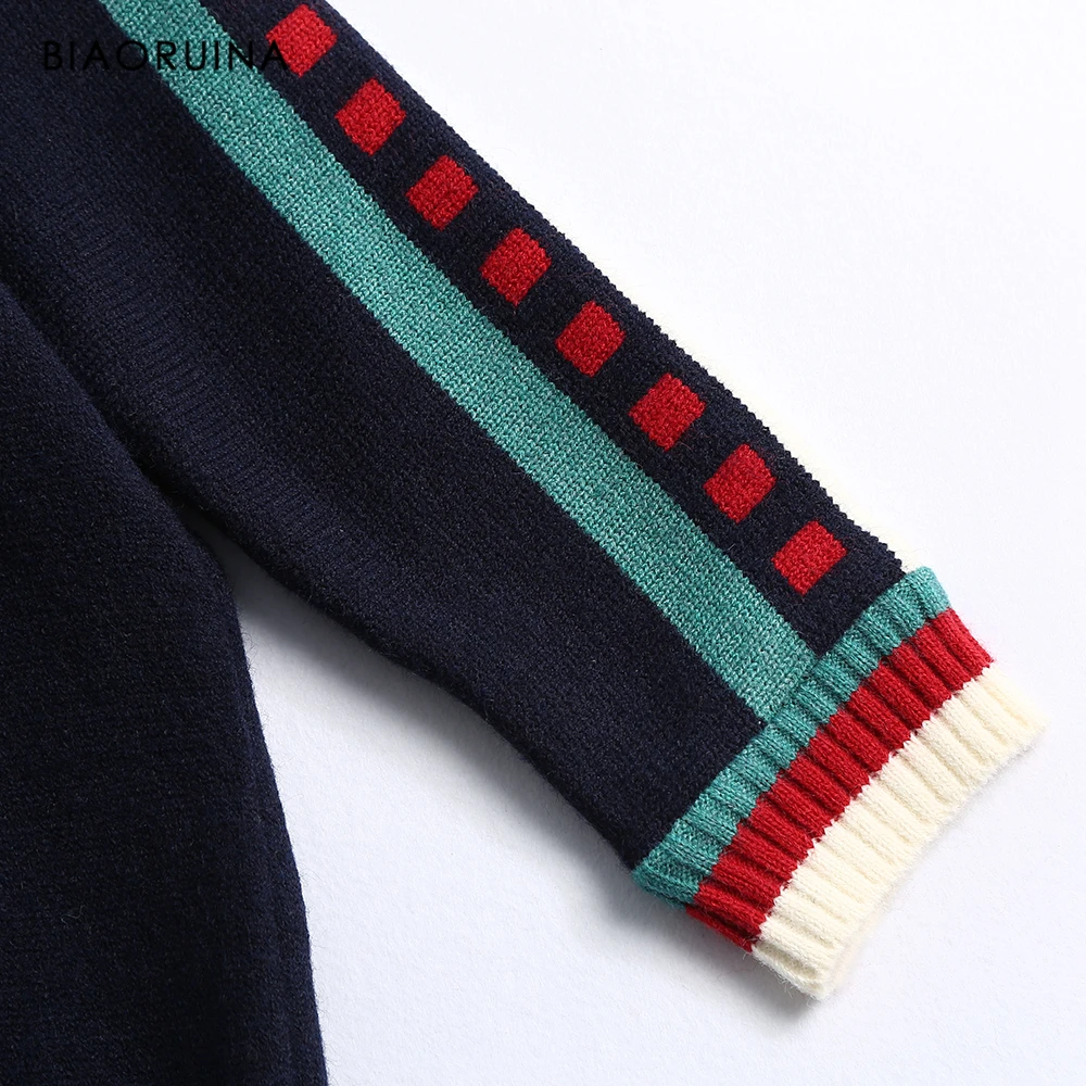 BIAORUINA Women's Fashion V-neck Stripes Contrast Color Oversize Knitted Sweater Office Lady Loose Warm Thick Winter Pullovers | Женская