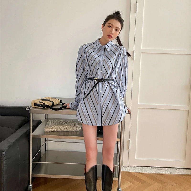 

XIZIHUPAN Striped Casual T Shirt For Women Lapel Puff Long Sleeve Sashes Designer Slim Shirt Female 2021 Spring Clothing Fashion