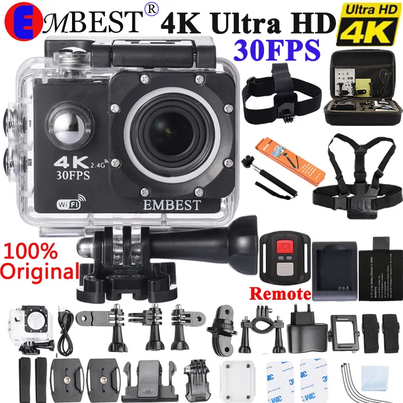 Спортивная Экшн-камера EMBEST 4K wifi с пультом дистанционного управления Ultra HD Водонепроницаемая подводная 30 м видеокамера 16MP 170 градусов широкоугольный