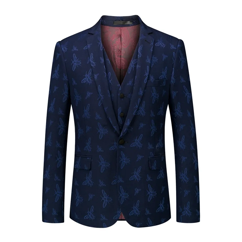 YUNCLOS Animal Dark Blue Men's Suit Slim Flat Collar Bee Suits Men Party Tuxedos Singer Stages Fast Delivery 2XL | Мужская одежда
